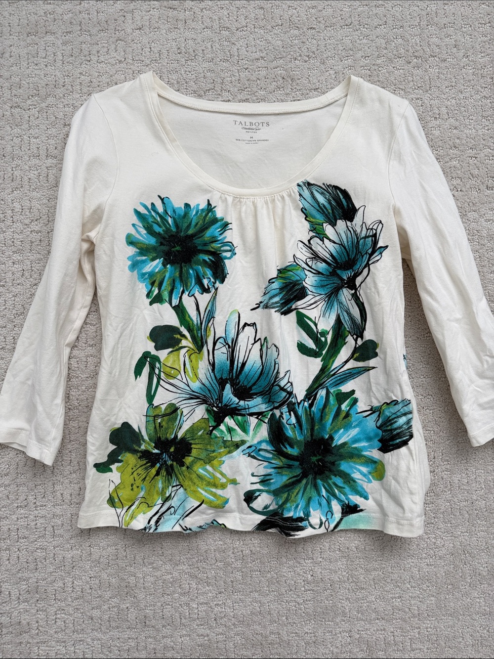 Talbots Cream Long-Sleeve Scoop Top with Teal & Green Floral Art
